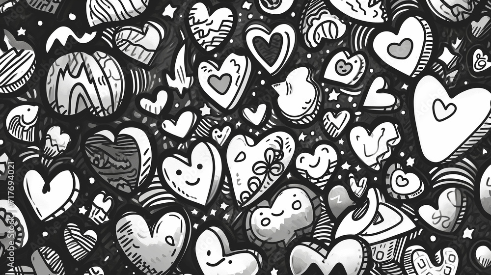 Naklejka premium Charming love doodles background, drawn hearts, flowers, and romantic elements, adding a touch of playfulness to the essence of love and affection