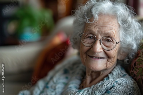 elderly woman wearing glasses smiling and talking on a couch at home