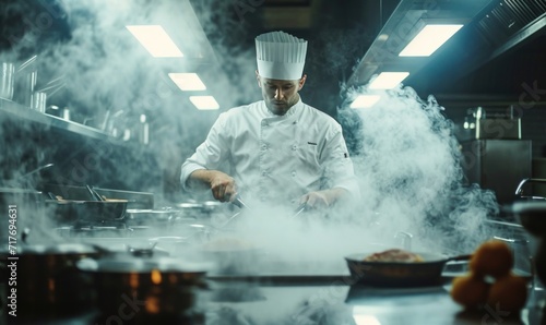 chef cooks with smoke falling into the kitchen