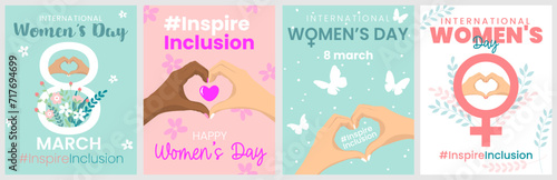 International Women's Day templates of posters, greeting cards, banners, flyers and social media with heart hands sign. #InspireInclusion 2024 campaign. Vector backgrounds of the women's history month