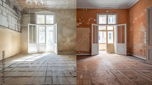 Renovation concept - apartment before and after restoration or refurbishment photo