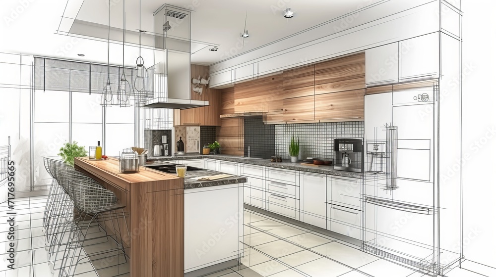 Stylish kitchen interior with modern furniture. Combination of photo and sketch - obrazy, fototapety, plakaty 