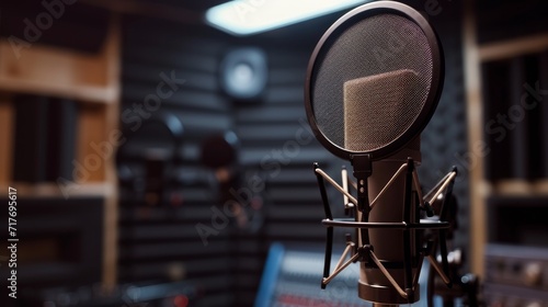 Studio microphone and pop shield on mic in the empty recording studio with copy space. Performance and show in the music business equipment