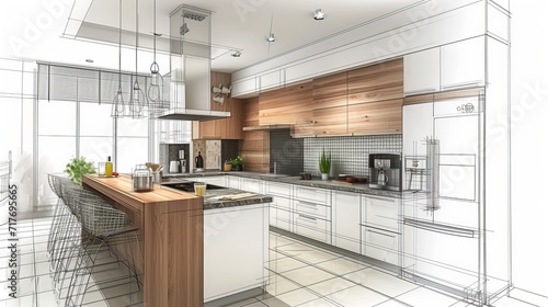 Stylish kitchen interior with modern furniture. Combination of photo and sketch