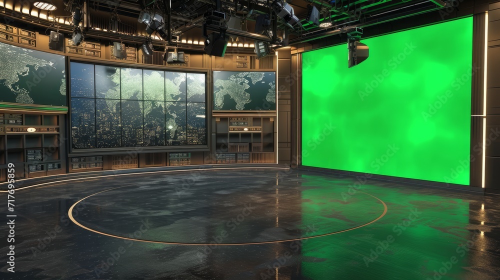 Virtual TV Studio News Set. Green screen background. 3d Rendering - obrazy, fototapety, plakaty 