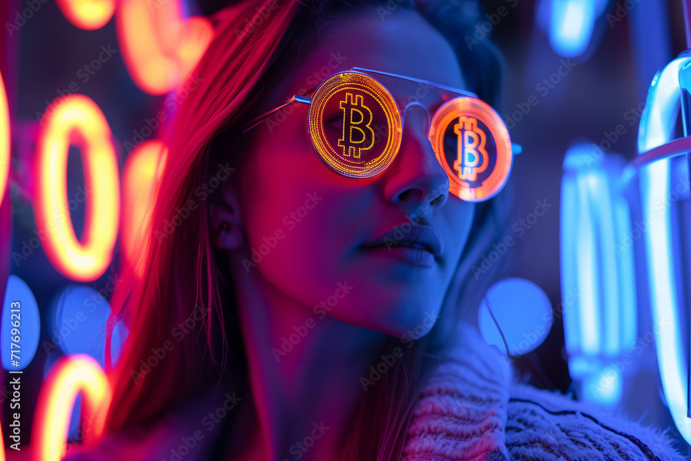 Portrait of a young person under neon lighting wearing bitcoin cryptocurrency glasses