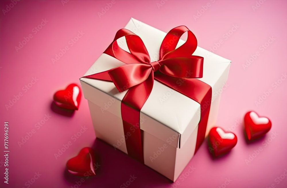 Milk-colored gift box with a red ribbon and a bow on a pink surface, top view, red decorative shiny hearts around