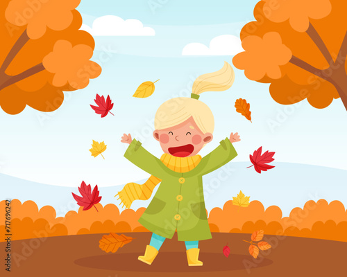 Happy Girl Enjoy Fall Season Bright Vector Illustration