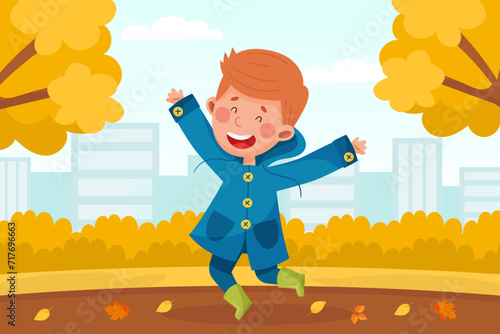Happy Boy Jumping Enjoy Fall Season Bright Vector Illustration