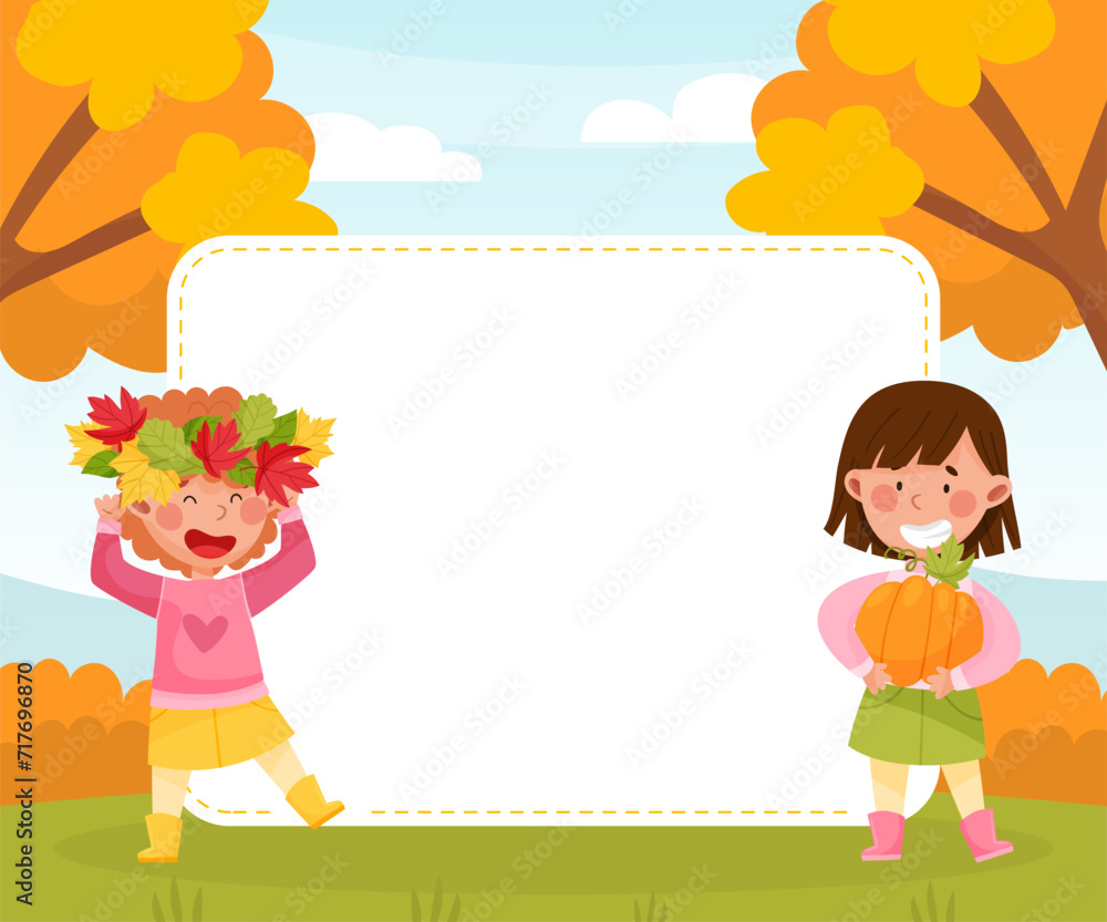 Happy Girl Enjoy Fall Season Bright Empty Card Vector Template Happy Girl Enjoy Fall Season Bright Empty Card Vector Template