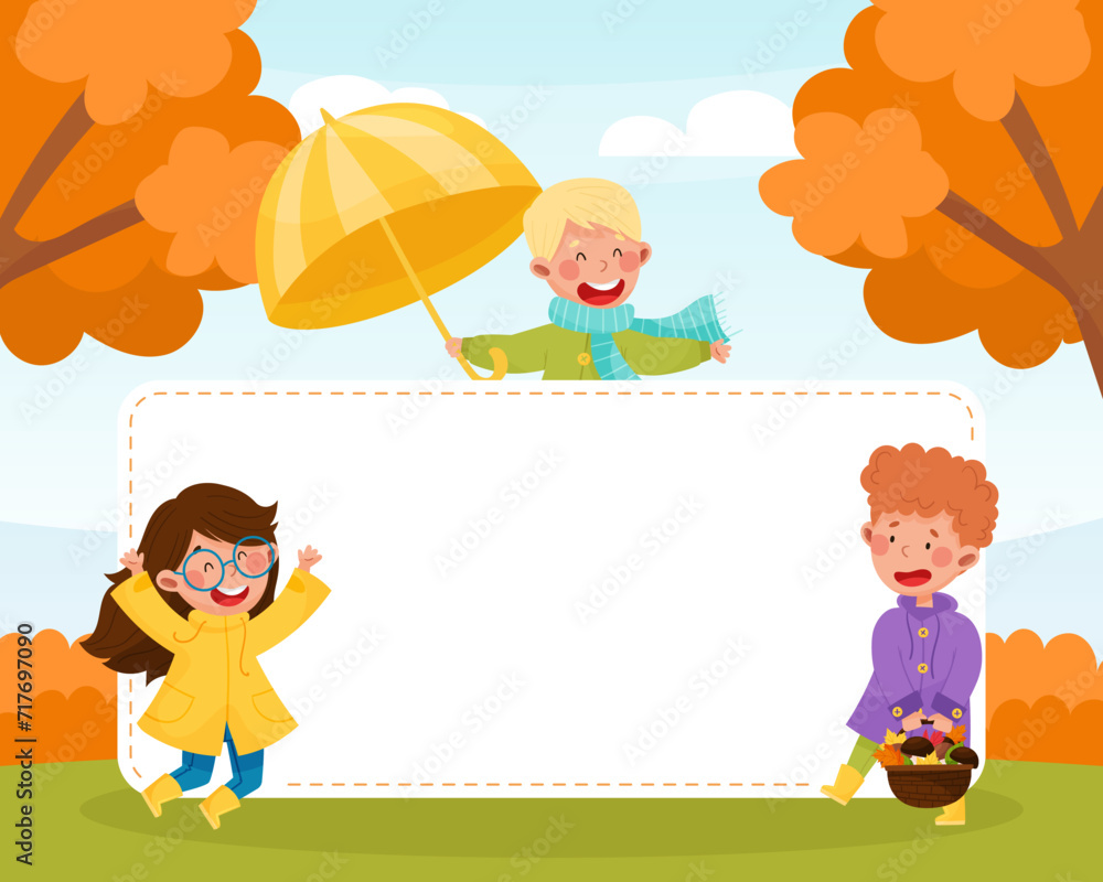 Happy Boy and Girl Enjoy Fall Season Bright Empty Card Vector Template Happy Boy and Girl Enjoy Fall Season Bright Empty Card Vector Template