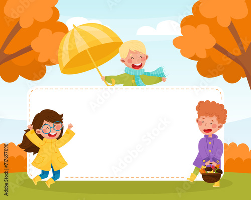 Happy Boy and Girl Enjoy Fall Season Bright Empty Card Vector Template