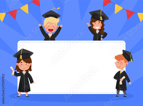 Happy Boy and Girl in Graduation Gown and Cap at Ceremony Near Empty Banner Vector Template