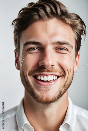 a professional portrait studio photo of a handsome young white american man model with perfect clean teeth laughing and smiling. isolated on white background