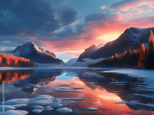 Mountain lake at sunset. Digital painting effect. 3D illustration.