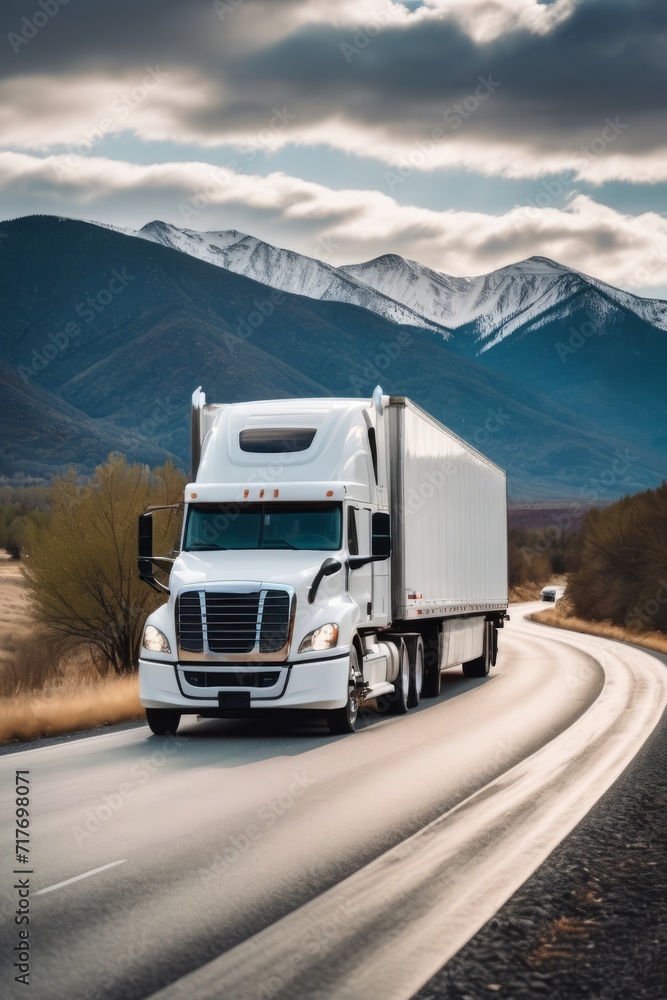 a white cargo truck with a white blank empty trailer for ad on a highway road in the united states. beautiful nature mountains and sky. driving in motion