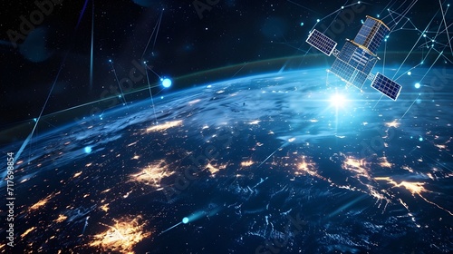 Satellites orbit the globe, sending and receiving data streams.