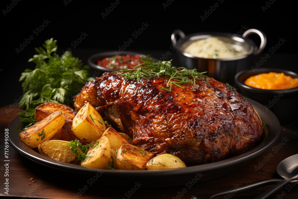 Cripsy roasted pork knuckle served with potatoes and pickled cabbage food