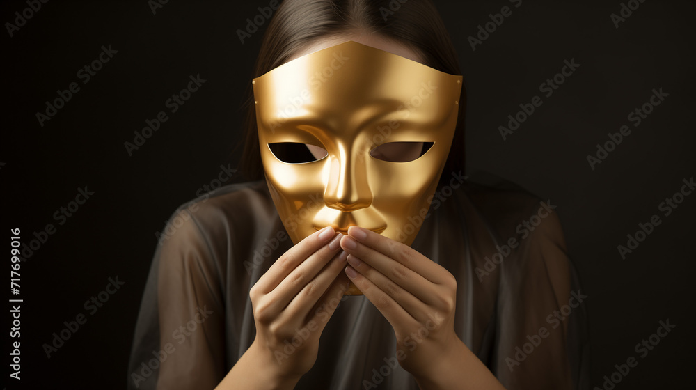 Woman Wearing Gold Mask, A Mysterious and Intriguing Image. Concept of secrecy and shame. Problem of protecting women's rights. Woman Wearing Gold Mask, A Mysterious and Intriguing Image. Concept of secrecy and shame. Problem of protecting women's rights.