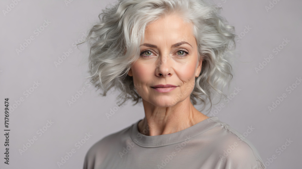 Beautiful middle aged woman with gray hair looking at camera at grey background