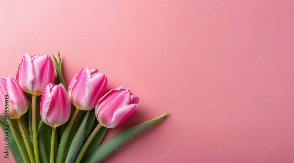 Flat lay of bucket tulips on pink background with copy space
