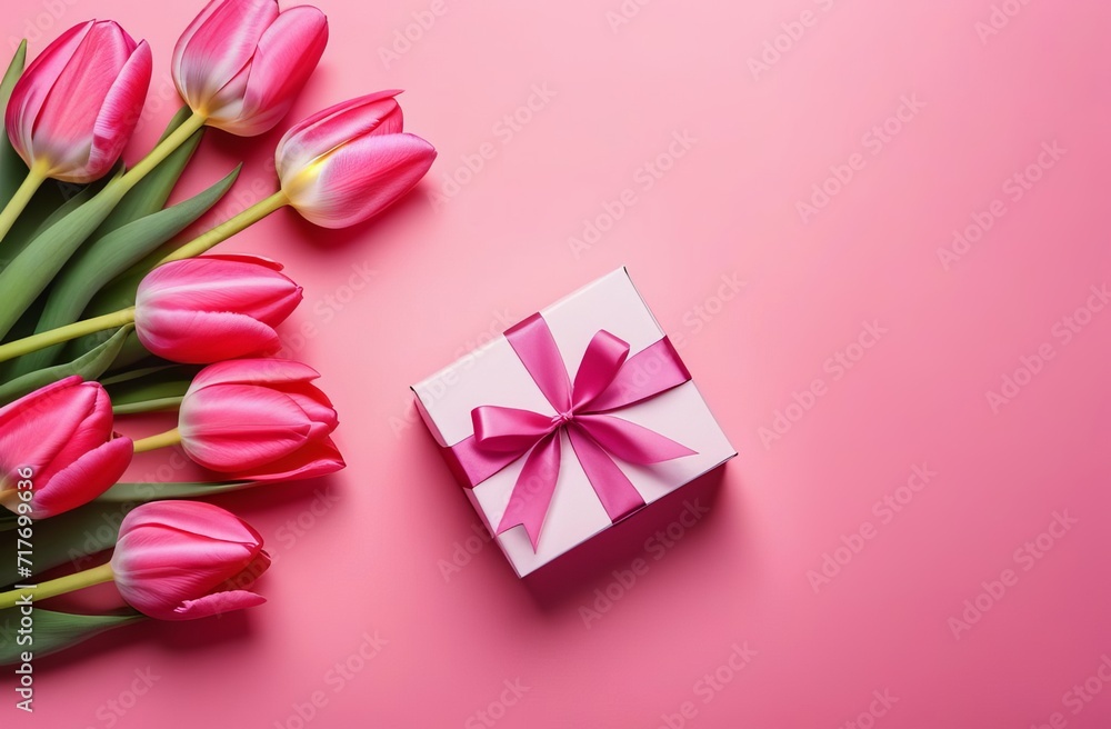 Flat lay of bucket tulips and present on pink background with copy space Flat lay of bucket tulips and present on pink background with copy space