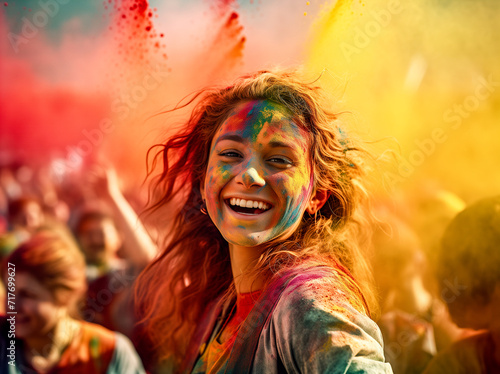 Young woman celebrating Holi fest, with a nine of color around her