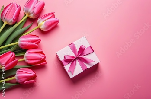 Flat lay of bucket tulips and present on pink background with copy space © Tatiana Foxy