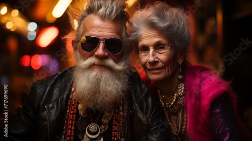 Elderly Couple Embracing Youth Subculture Traditions in Punk Outfits, 16:9 Portrait Photo