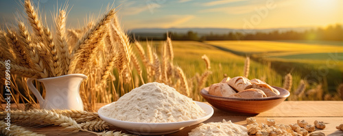 Whet flour and pods on wooden table against farm field sunset. copy space for text. photo