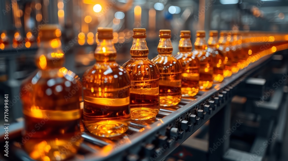 The whiskey production process at an industrial winery involves filling whiskey into bottles and transporting them on a conveyor belt. The whiskey production process at an industrial winery involves filling whiskey into bottles and transporting them on a conveyor belt.