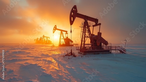 In the unforgiving tundra, oil pumps tirelessly extract vital energy resources, exemplifying the industrial prowess in conquering the harsh northern landscape.