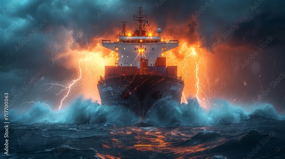 Intense ocean storm threatens large cargo vessel, captivating display of nature's power at sea
