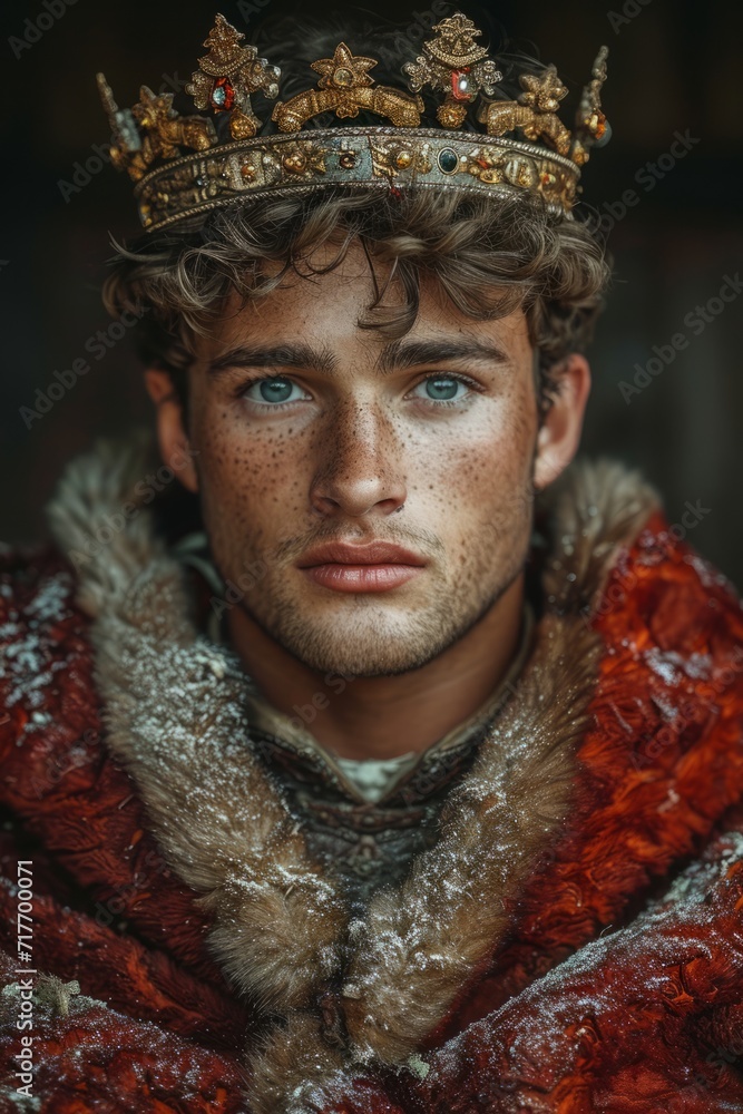 Regal young king in red velvet attire and ornate crown with jewelry