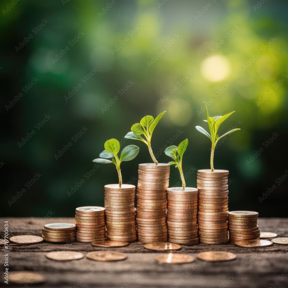 Investment growth, stack of coin with plants showing business growth, photo with copy space for text Investment growth, stack of coin with plants showing business growth, photo with copy space for text