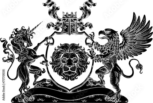A crest coat of arms family shield seal featuring griffin, unicorn horse with horn and lion