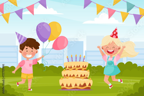 Kid Enjoy Party Celebration with Cake and Garland Vector Illustration