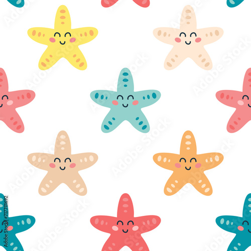 Photography Childish seamless pattern with cute colored cartoon starfish character on a white background