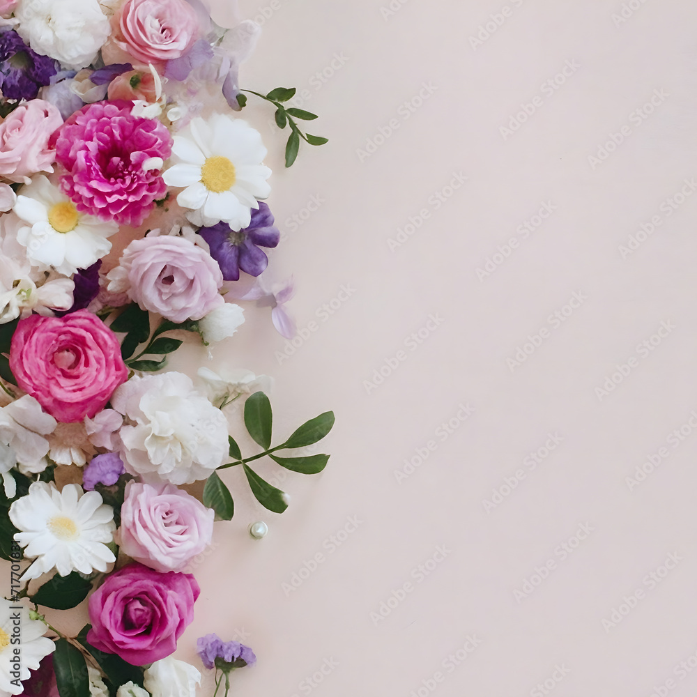 Banner with flowers on light pink background. Greeting card template for Wedding, mothers or womans day Banner with flowers on light pink background. Greeting card template for Wedding, mothers or womans day