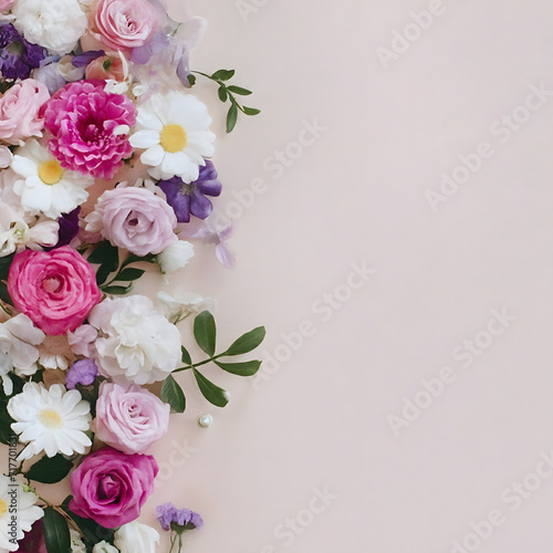 Banner with flowers on light pink background. Greeting card template for Wedding  mothers or womans day