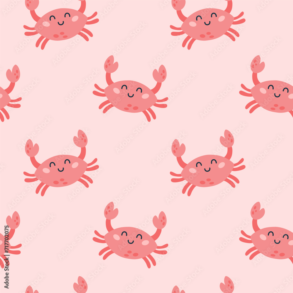 Seamless pattern with cute cartoon crab character on a pink background. Childish sea animals design for fabric, textile, paper. Seamless pattern with cute cartoon crab character on a pink background. Childish sea animals design for fabric, textile, paper.