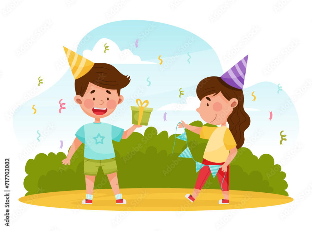 Kid in Hat and Gift Box Enjoy Party Celebration Vector Illustration