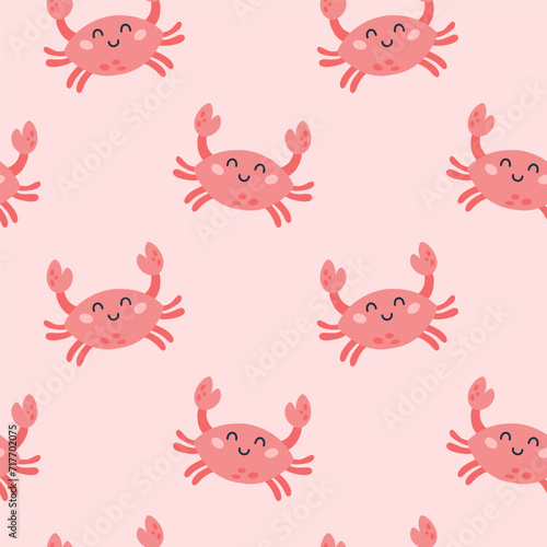Seamless pattern with cute cartoon crab character on a pink background. Childish sea animals design for fabric, textile, paper.