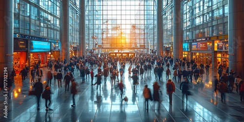 Sunset in the City: A Bustling Scene of People and Luggage Generative AI