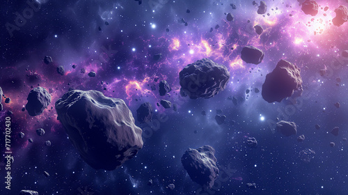 Abstract science fiction fantasy asteroids belt in deep cosmic space background with glowing stars in galaxy