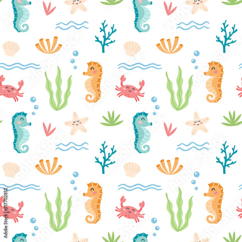 Childish seamless pattern with cartoon seahorse, crab, starfish character on a white background. Cute sea animals and underwater life design for fabric, textile, paper.