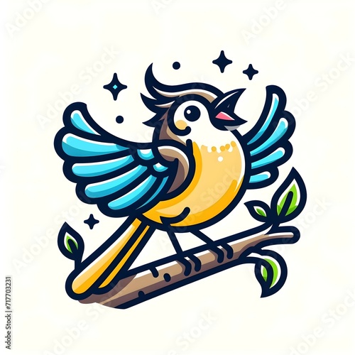 A cartoon bulbul happily dancing on a tree branch, vector flat icon illustration, Modern Line Icon, bold lines, vibrant color, linear patterns, isolate on white
 photo