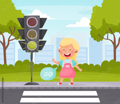 Little Girl Character Learn Traffic Rule Crossing Road at Green Light Vector Illustration