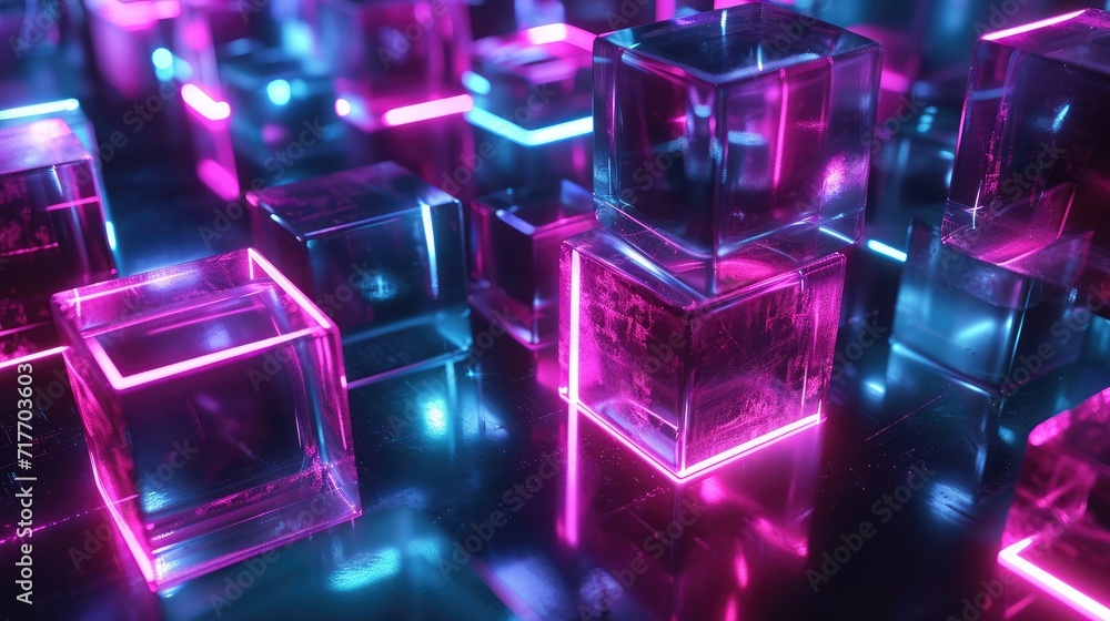 neon glowing digital cyber cube background neon glowing digital cyber cube background