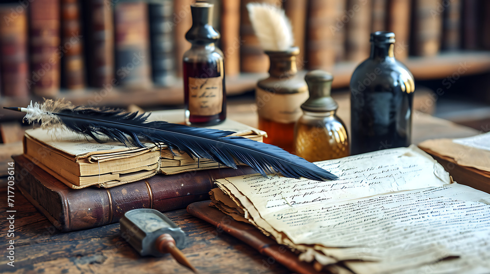 A collection of antique ink bottles and quills on an aged writing desk, symbolizing the art of expressing love through words.
